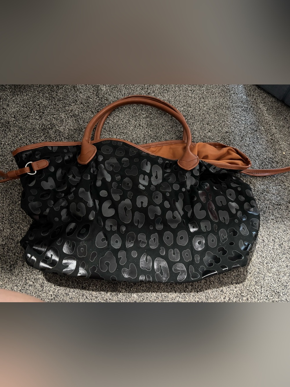 Black Leopard Print Tote with Brown Handles